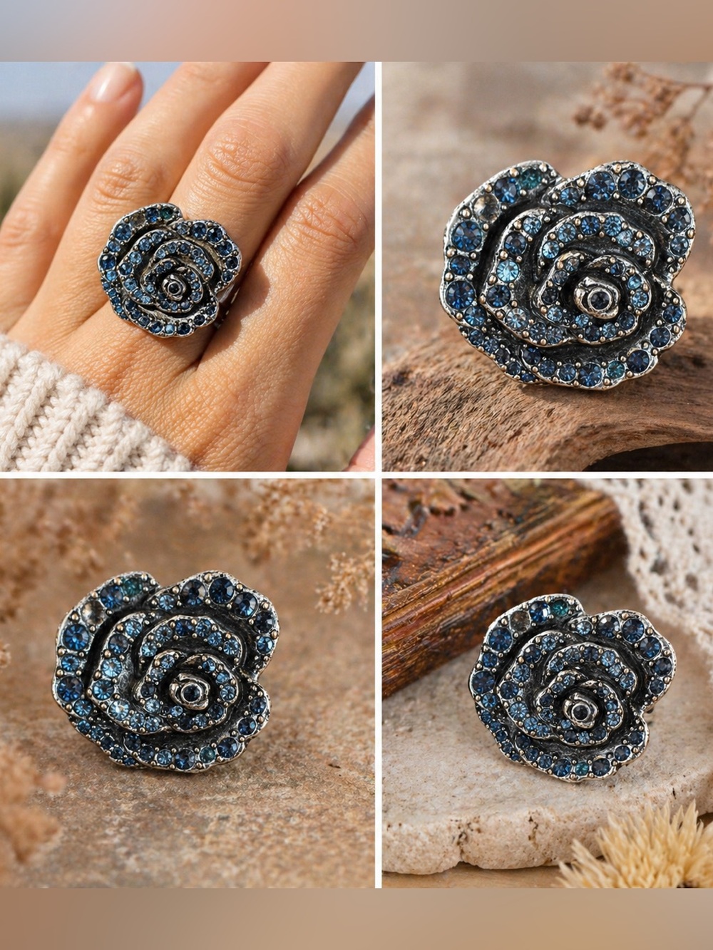 Lucky Brand Blue Rhinestone Flower Ring Boho Statement Vintage Style